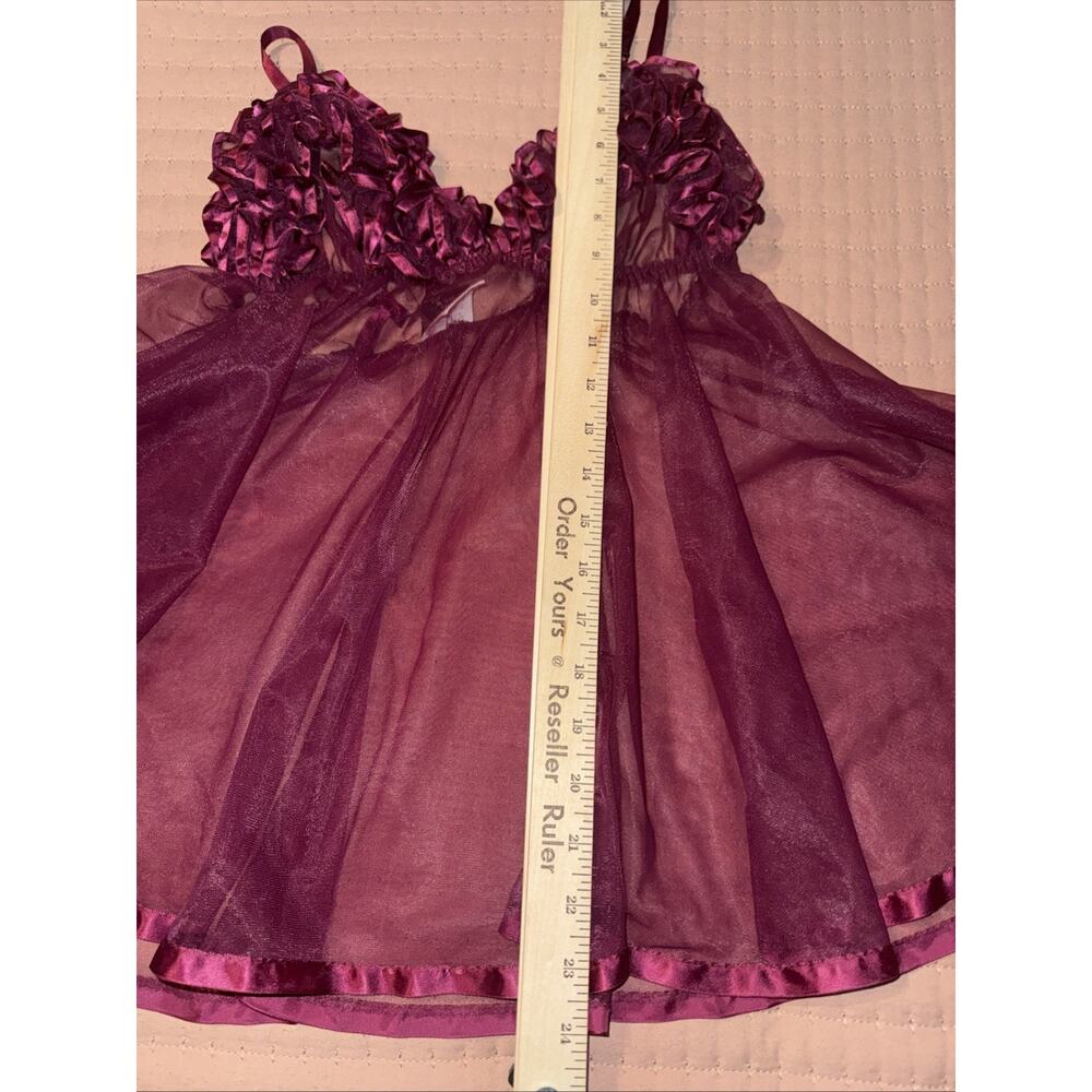 Frederick's Of Hollywood VTG Sheer Chiffon Lace Babydoll 80s Maroon Sz S Ribbon - Picture 8 of 9